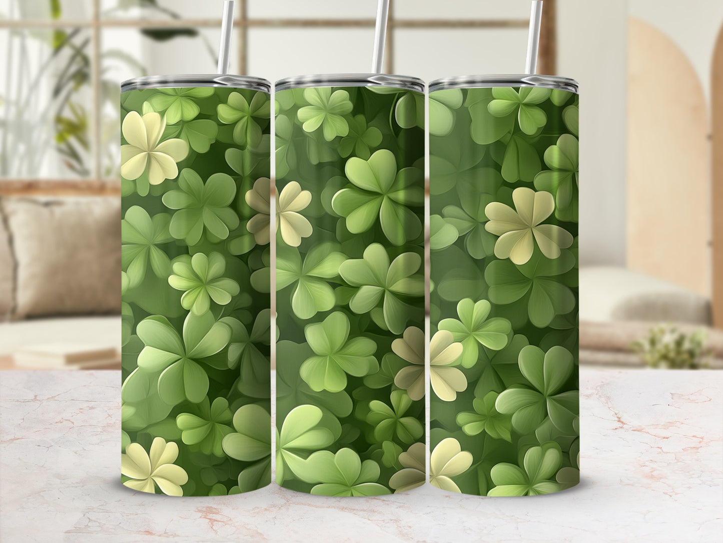 Three tumblers with a green clover pattern.