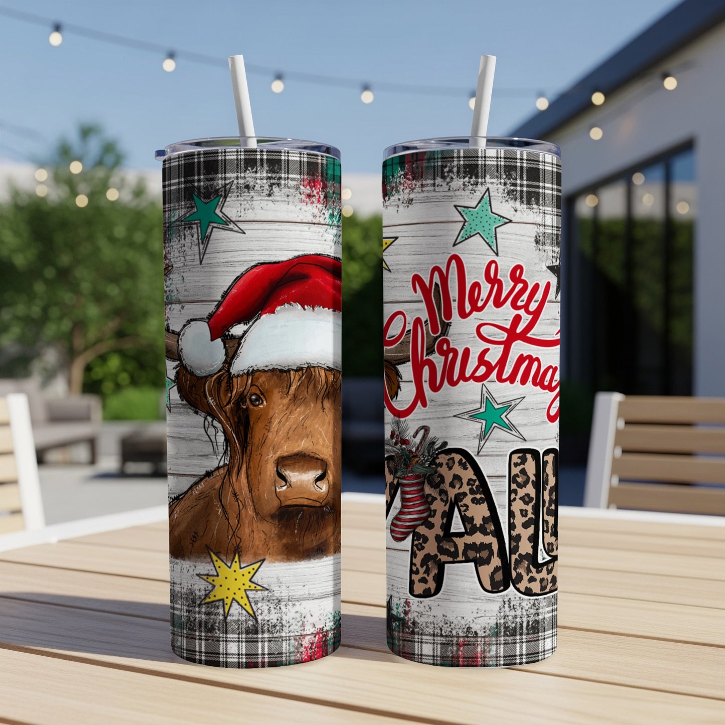 Christmas tumbler with cow wearing Santa hat and "Merry Christmas Y'all" text.