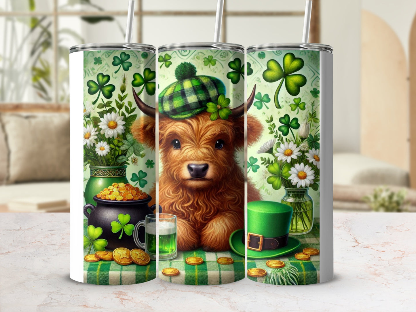 Highland cow in green hat with shamrocks and gold coins.