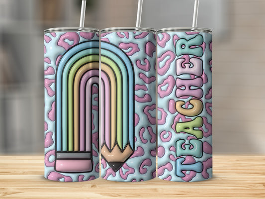 Teacher tumbler with rainbow pencil and leopard print background.