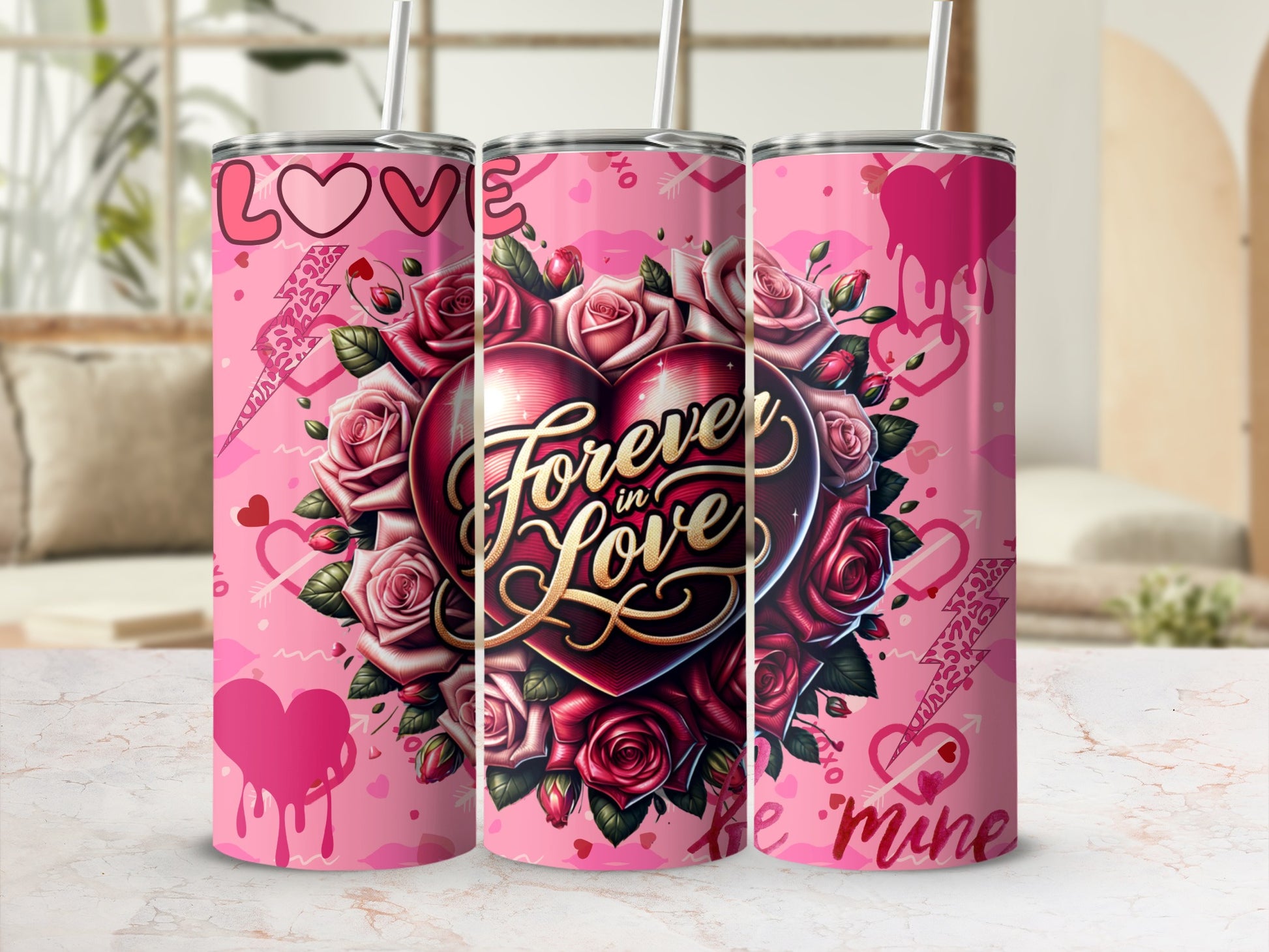 Forever in Love Pink Rose Heart Design Tumbler
