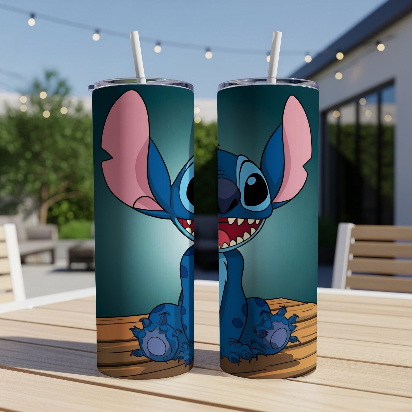 Blue Stitch character with big ears and open mouth on two tumblers.