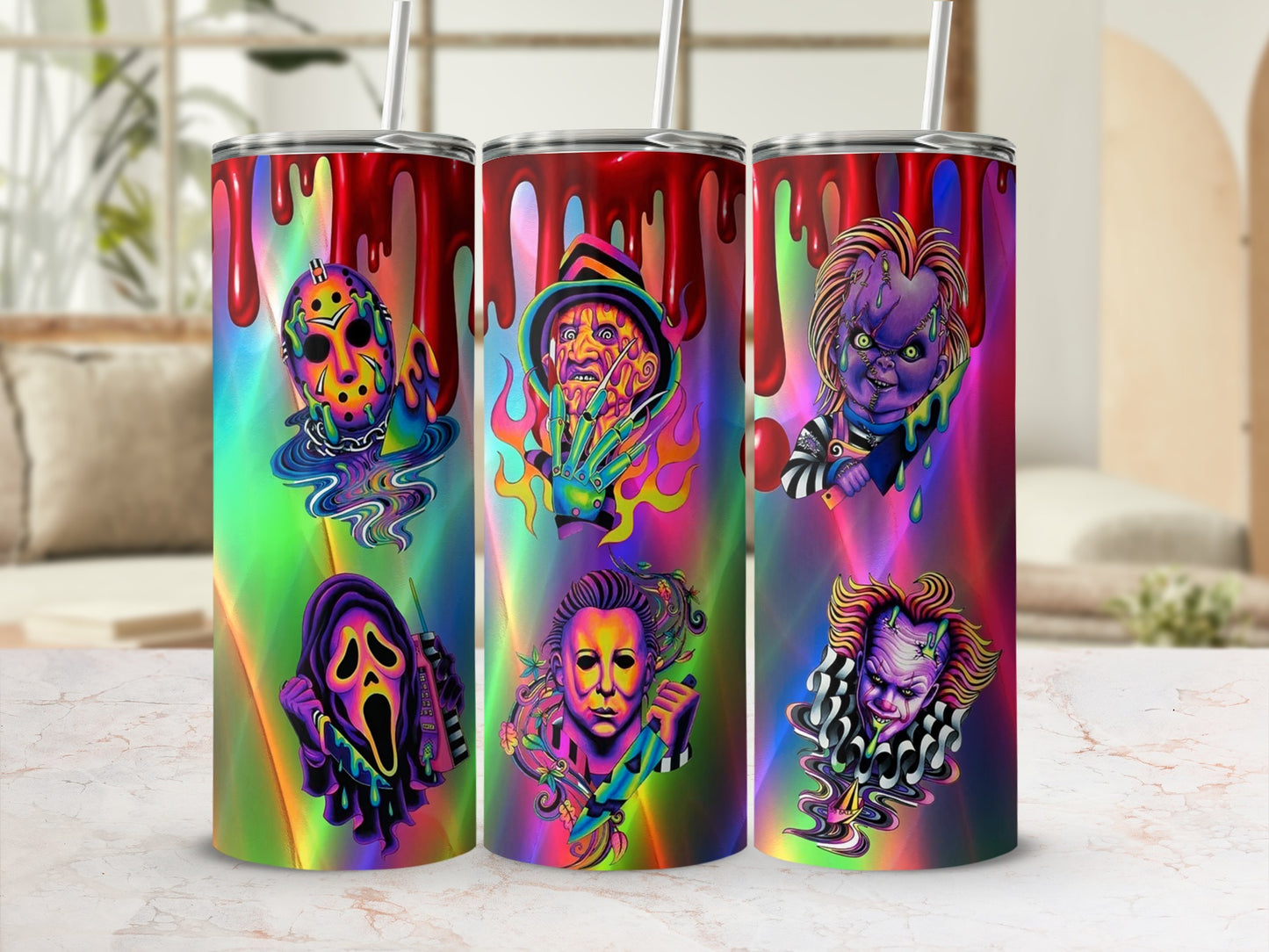 Three tumblers featuring horror movie characters in a psychedelic style.