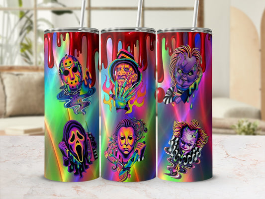 Three tumblers featuring horror movie characters in a psychedelic style.