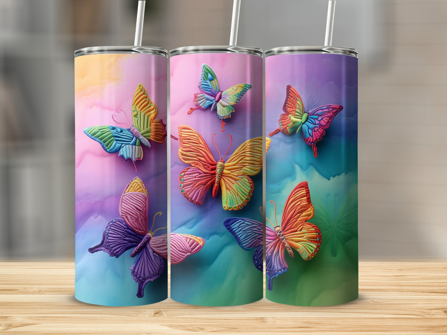 Vibrant Gradient Colorful Embroidered Butterflies Tumbler product type