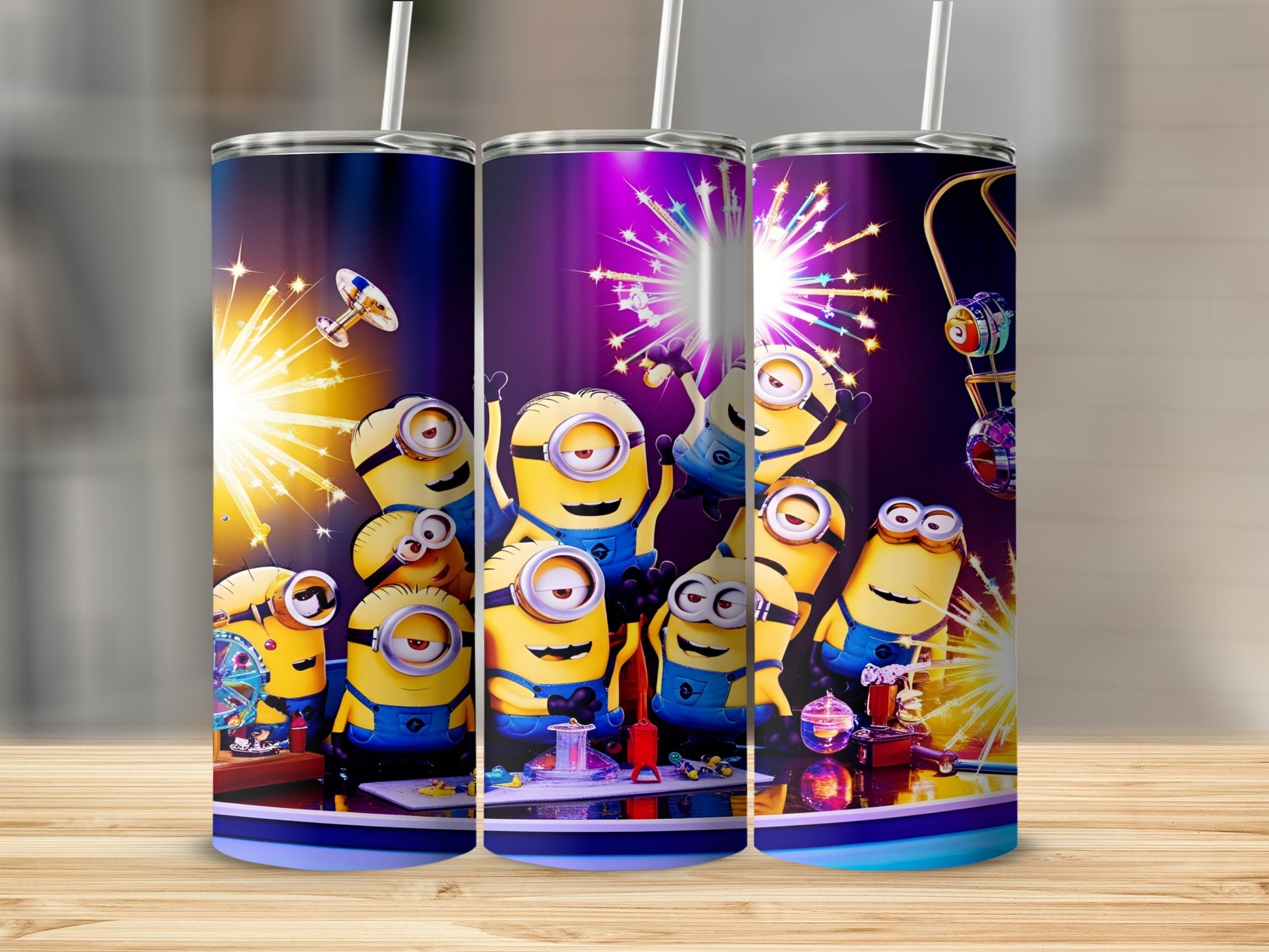 Minions celebrating with fireworks on a tumbler.