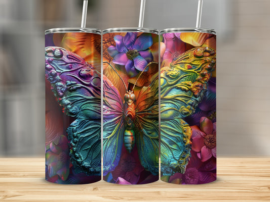 Three tumblers featuring a colorful, textured butterfly design on a floral background.