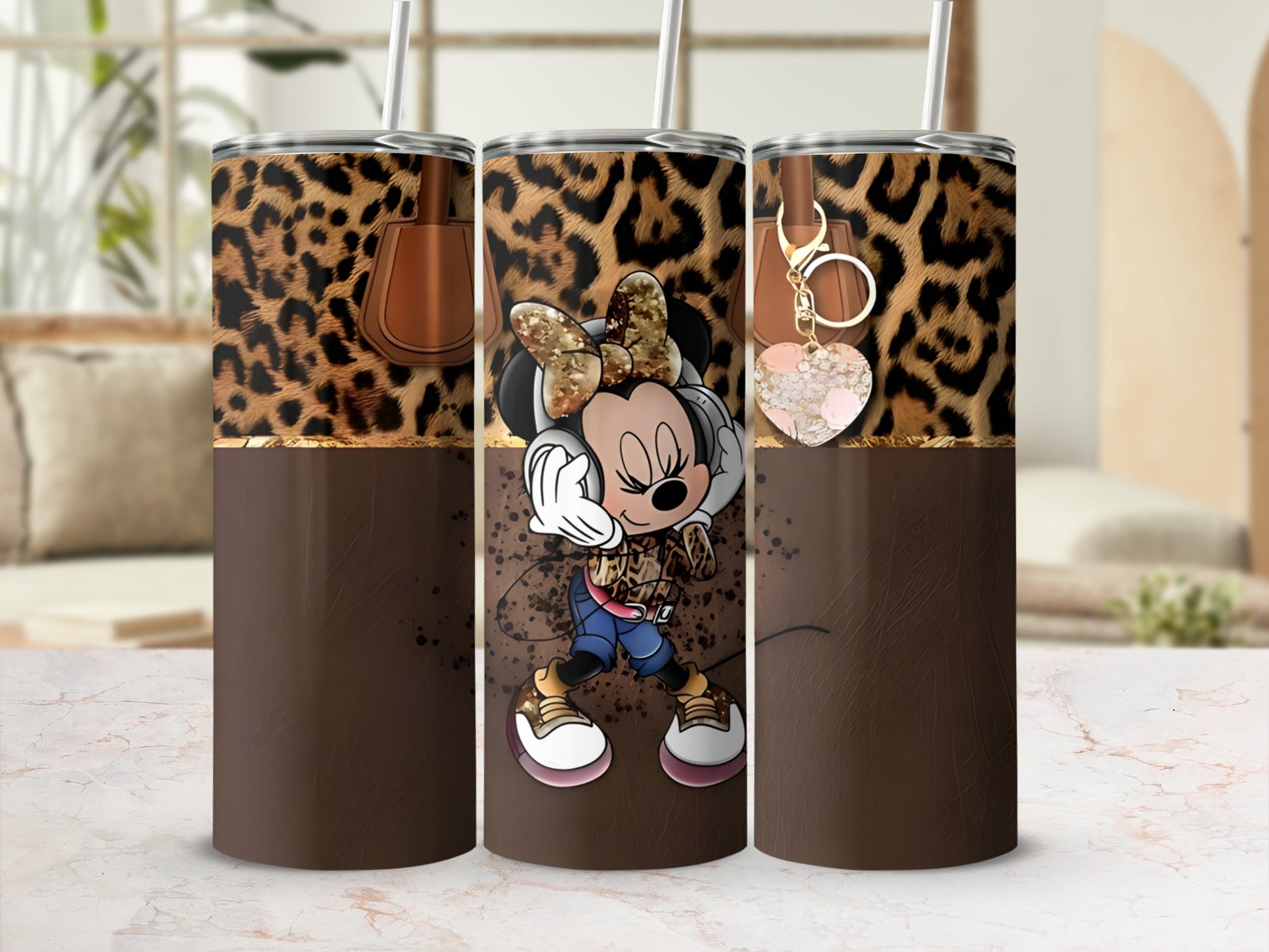Leopard Print Cartoon Character Tumbler Enamel Keychain