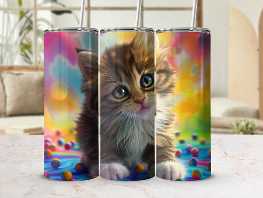Kitten with colorful bokeh background and scattered colorful balls.