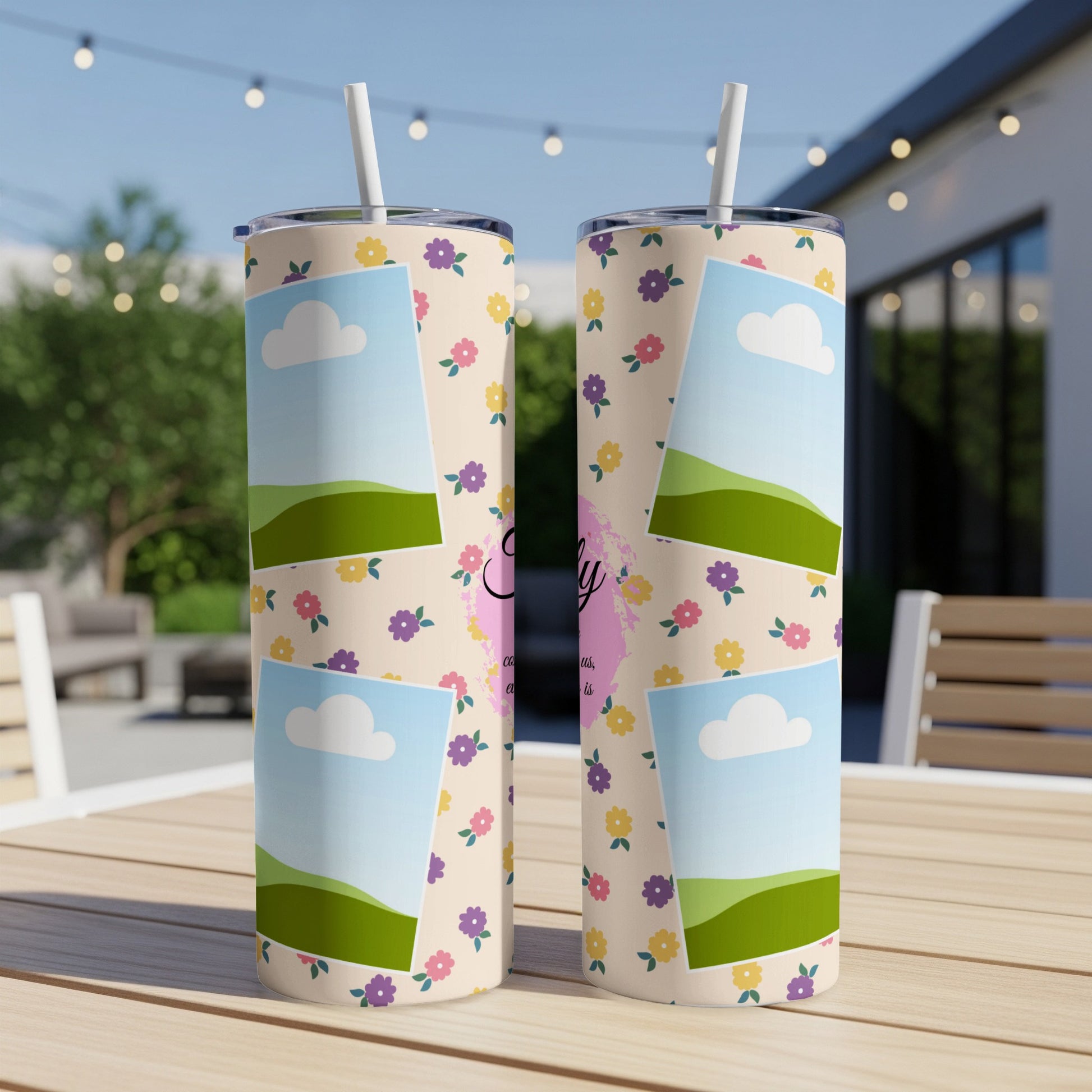 Two tumblers with a floral pattern and a landscape photo collage design.