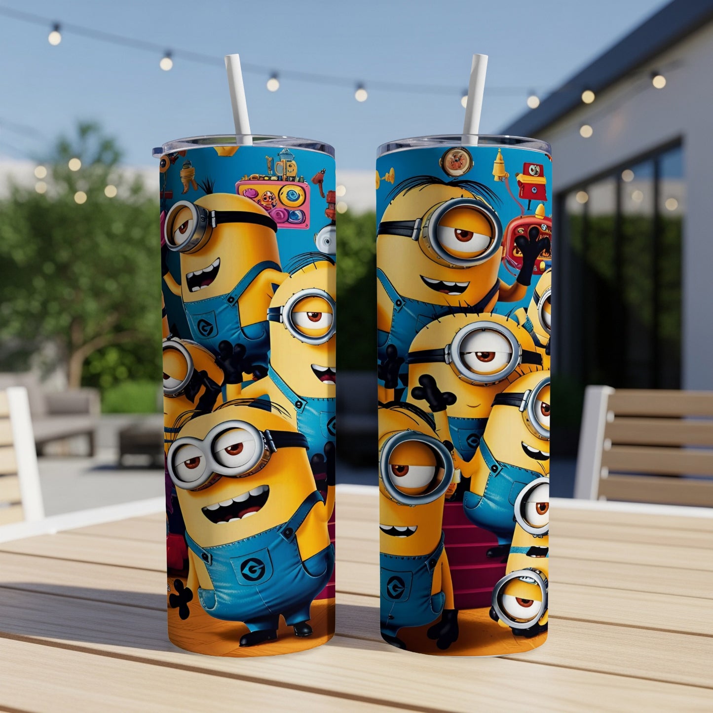Two tall tumblers with multiple Minion characters on a table.