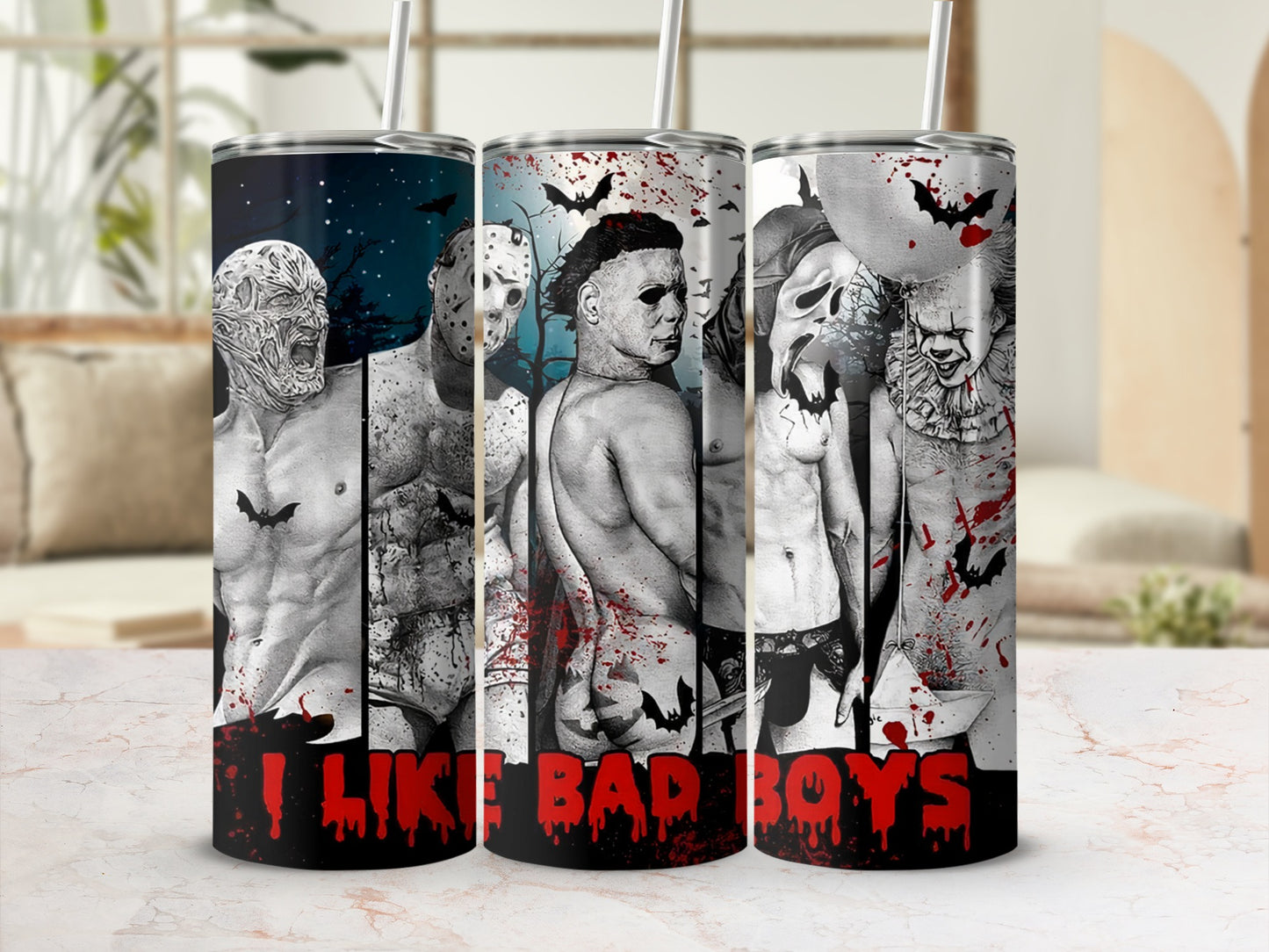 Tumbler with Freddy Krueger, Jason Voorhees, Michael Myers, and Pennywise, reading "I LIKE BAD BOYS".
