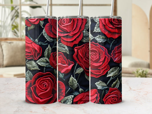 Three tumblers with a dark background and a red rose floral pattern.