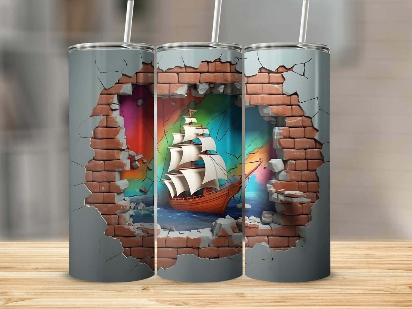 Colorful Ship Breaking Through Brick Wall Tumbler