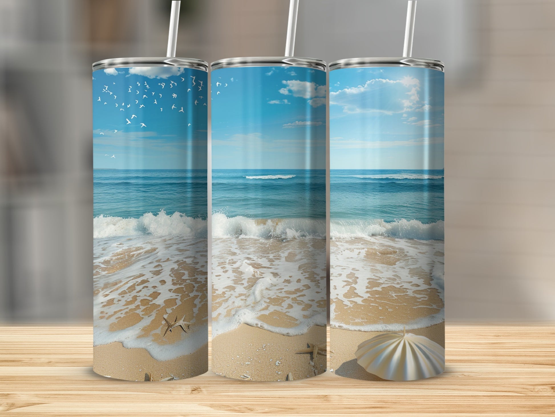 Beach scene with shells and umbrella on a tumbler.