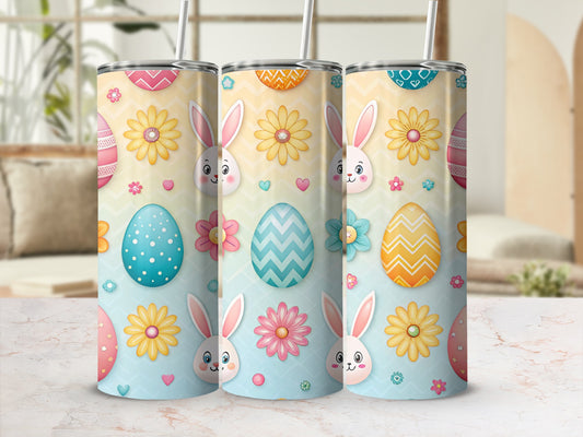 Three Easter-themed tumblers with bunnies, eggs, and flowers.