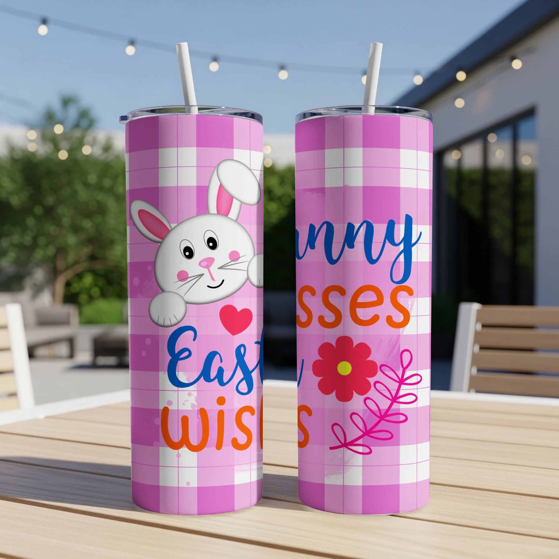 Pink gingham tumbler with bunny and "Easter kisses" text.