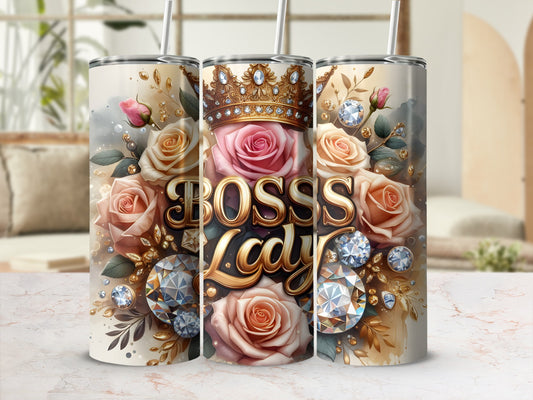 Elegant Floral Boss Lady Tumbler with Crown Design