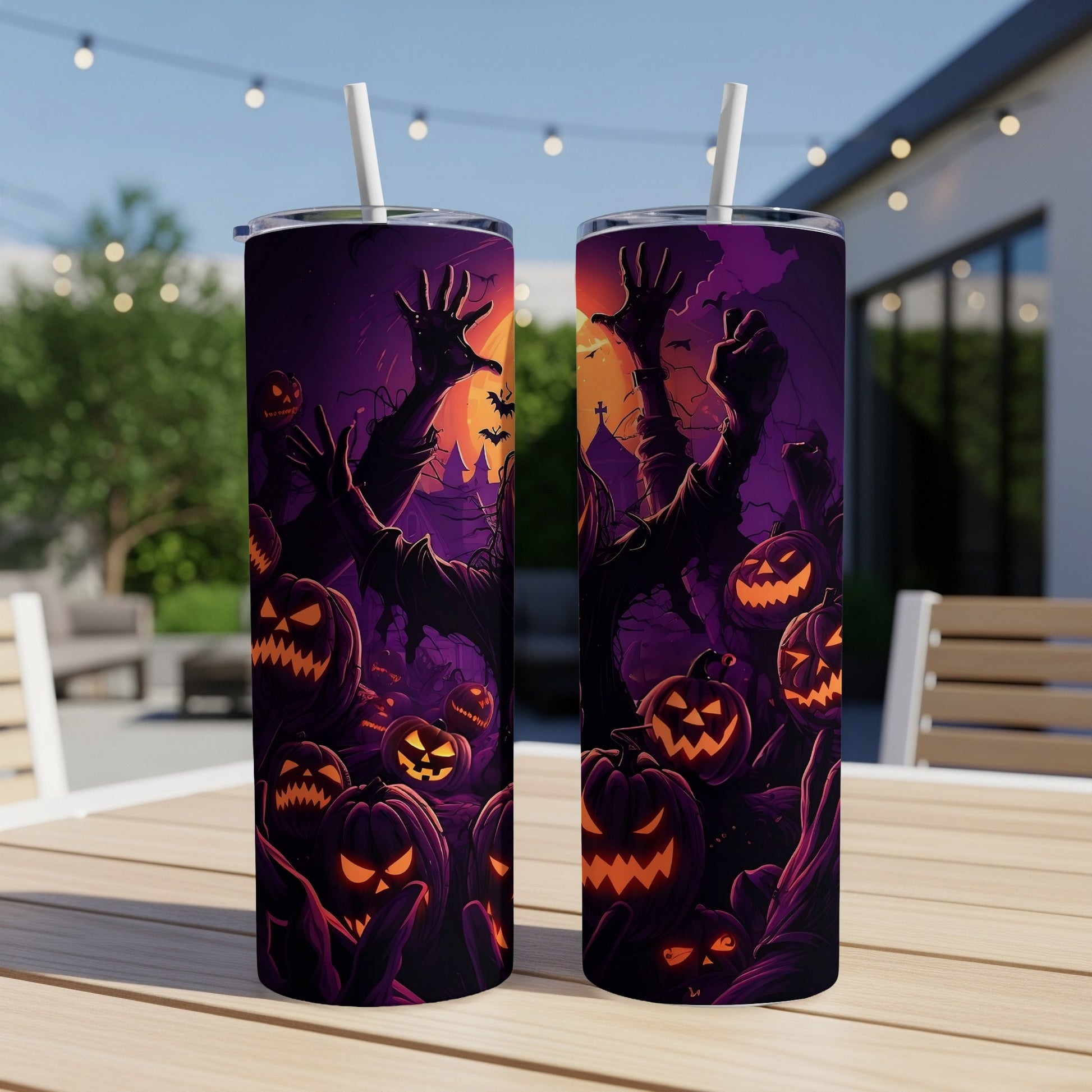 Two tumblers with a Halloween theme featuring pumpkins, zombies, and spooky buildings.