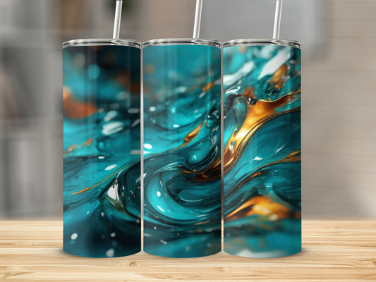 Vibrant Teal Gold Liquid Swirl Abstract Tumbler product type