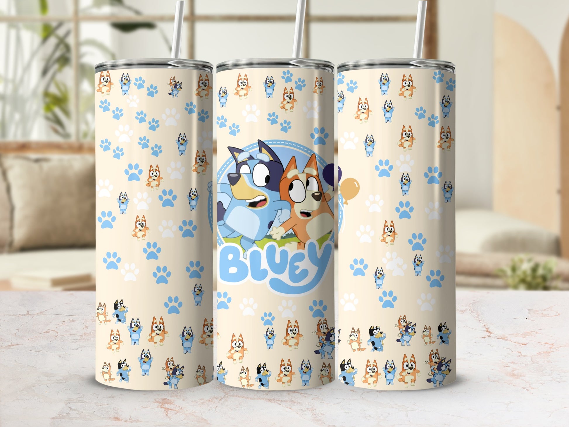 Blue and Beige Paw Print Design Stainless Steel Tumbler