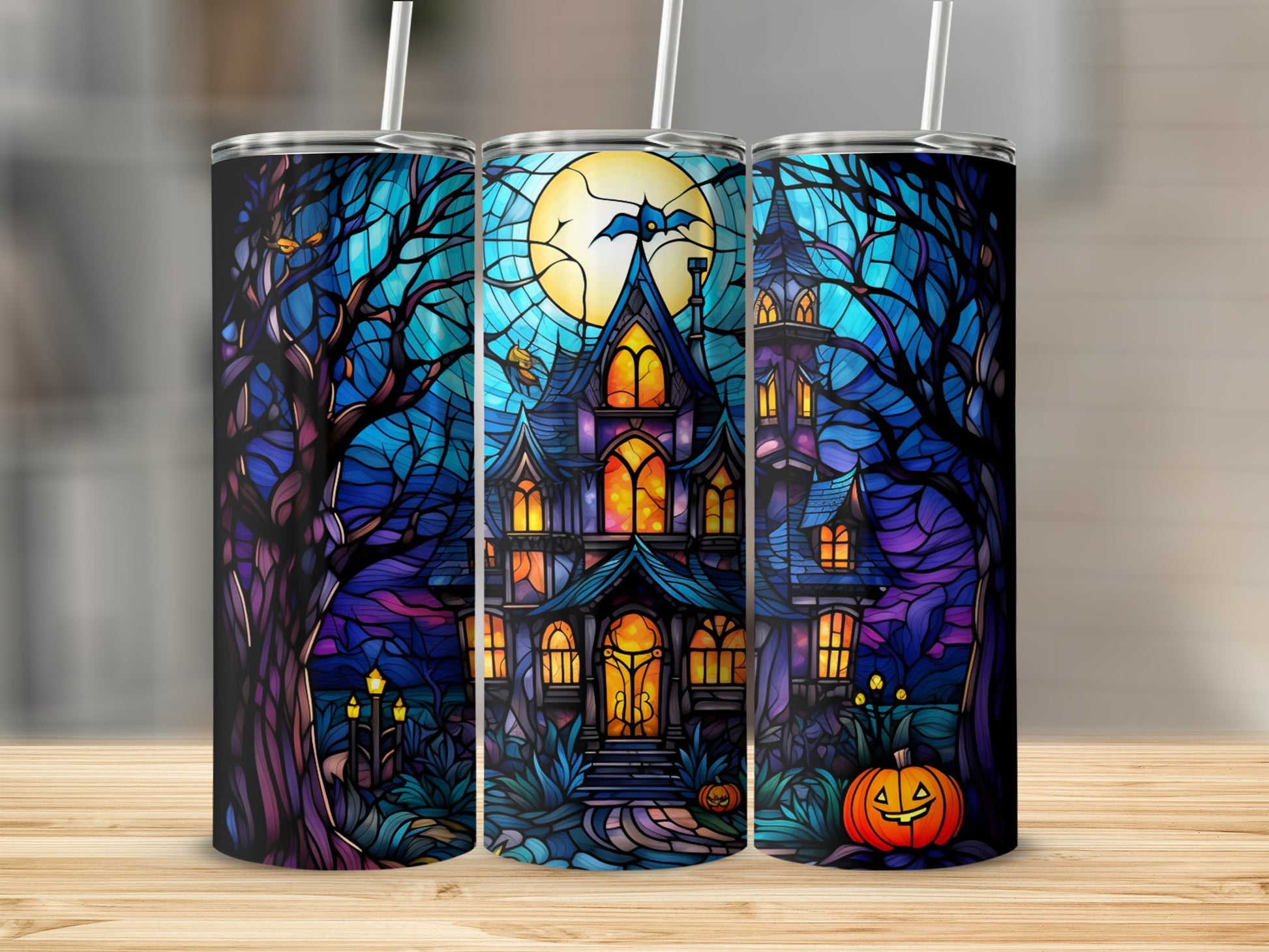 Stained glass Halloween house with moon, pumpkin, and trees.