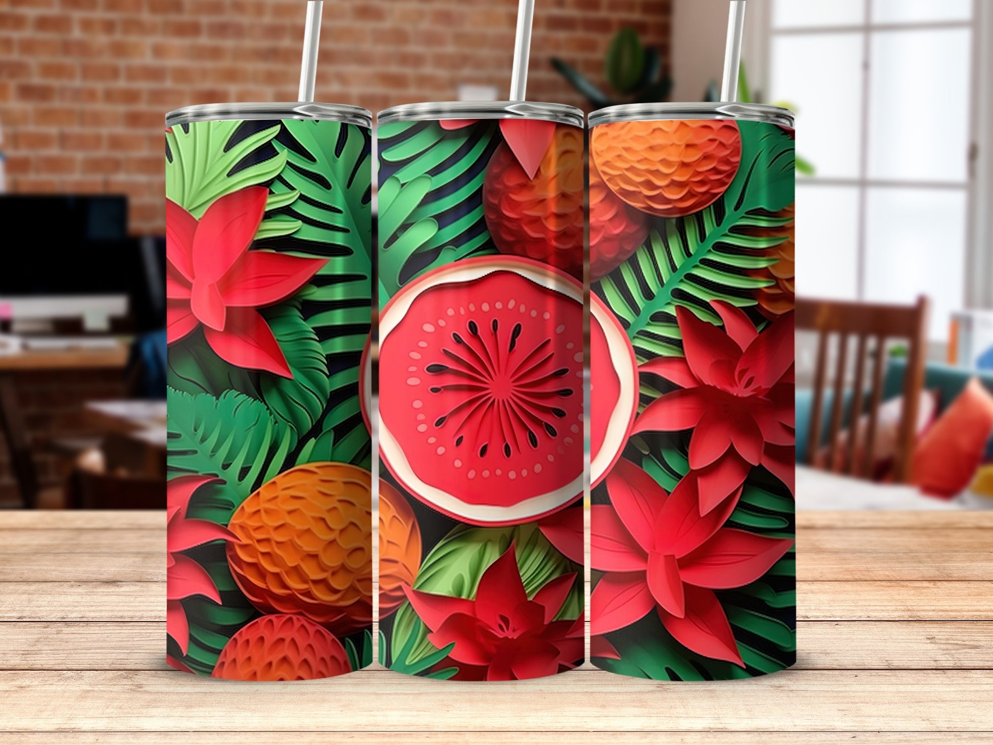 Tropical Fruits and Flowers Tumbler Design for Summer