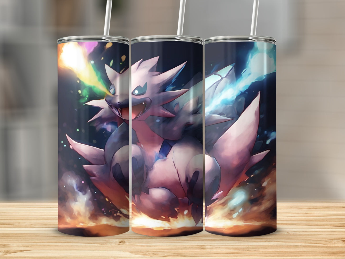Three tumblers with a roaring creature breathing fire and ice.