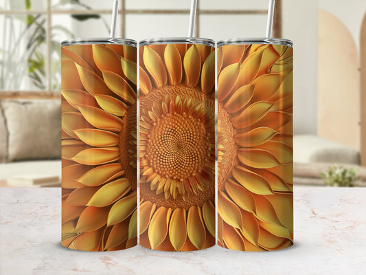 Three tumblers with a vibrant, detailed sunflower design.