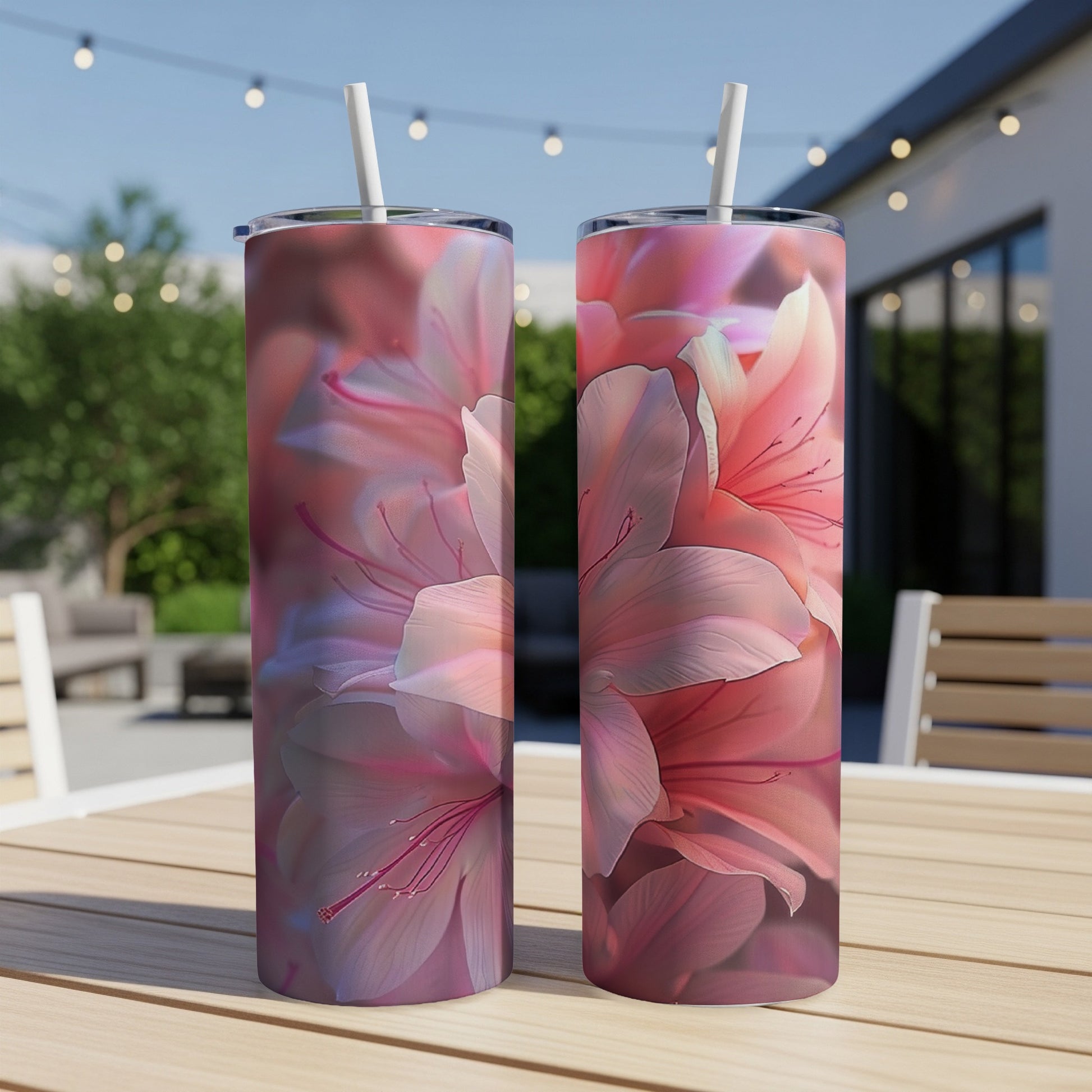Two pink floral pattern tumblers with straws on a table outdoors.