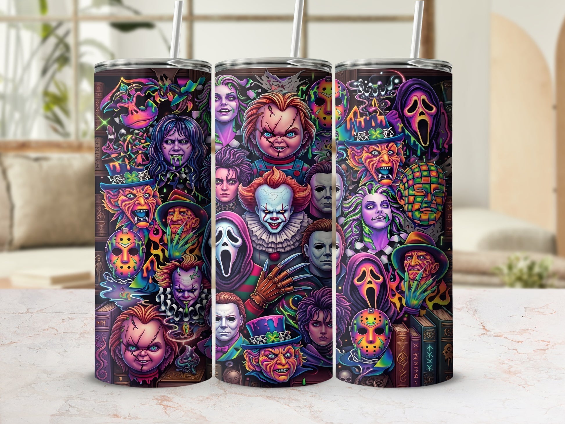 Three tumblers featuring a collage of horror movie characters in a vibrant, graphic style.