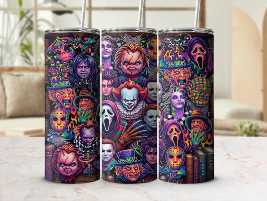Three tumblers featuring a collage of horror movie characters in a vibrant, graphic style.