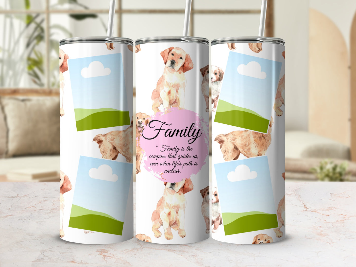 Tumbler with watercolor dogs, photo frames, and "Family" quote.