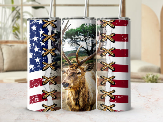 American flag tumbler with deer and crossed pattern design.