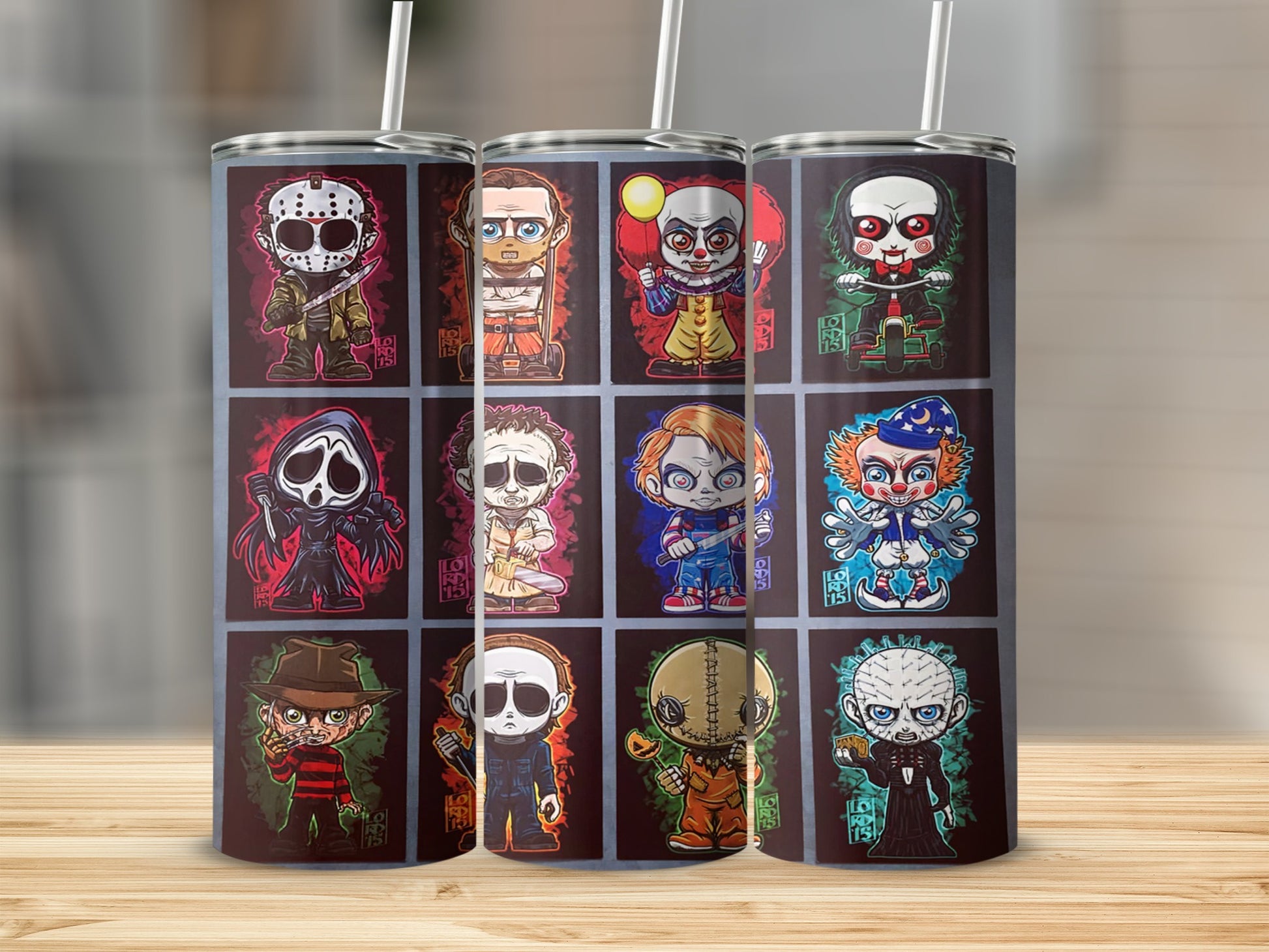 Tumbler with grid of horror movie character illustrations, including Jason, Pennywise, and Freddy Krueger.