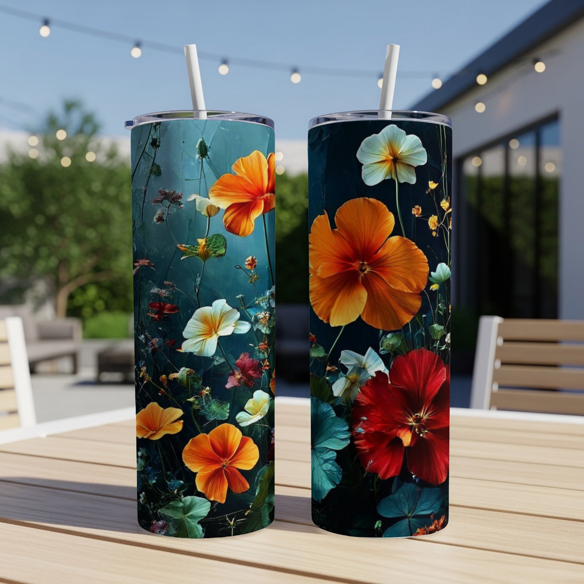 Two tall tumblers with a dark background and vibrant floral pattern.
