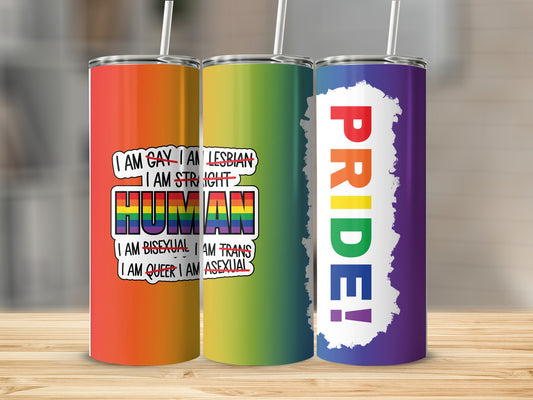 Three tumblers featuring "PRIDE!" text and "I AM HUMAN" with various LGBTQ+ identities listed.