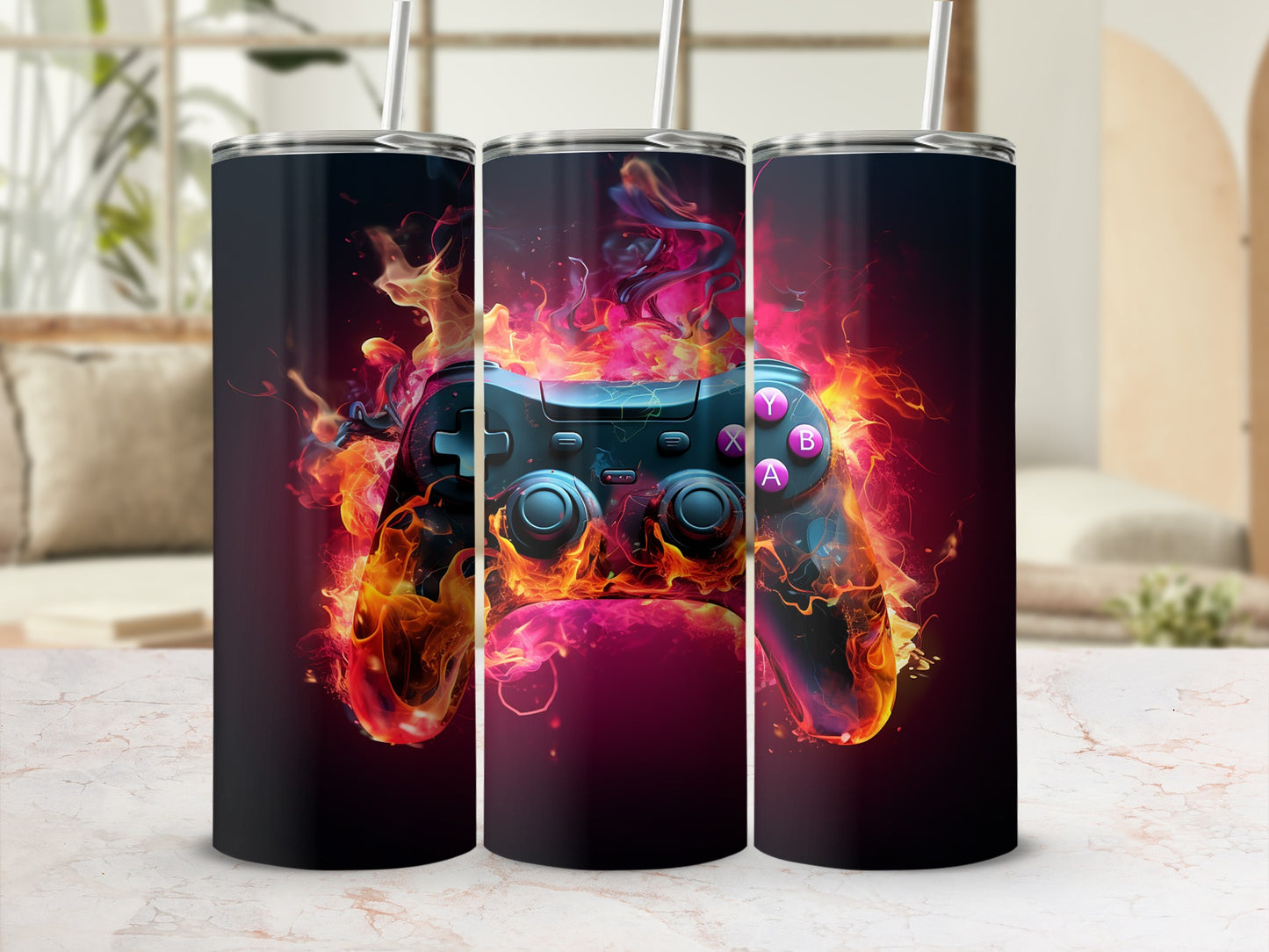 Gaming Controller with Vibrant Flames Tumbler