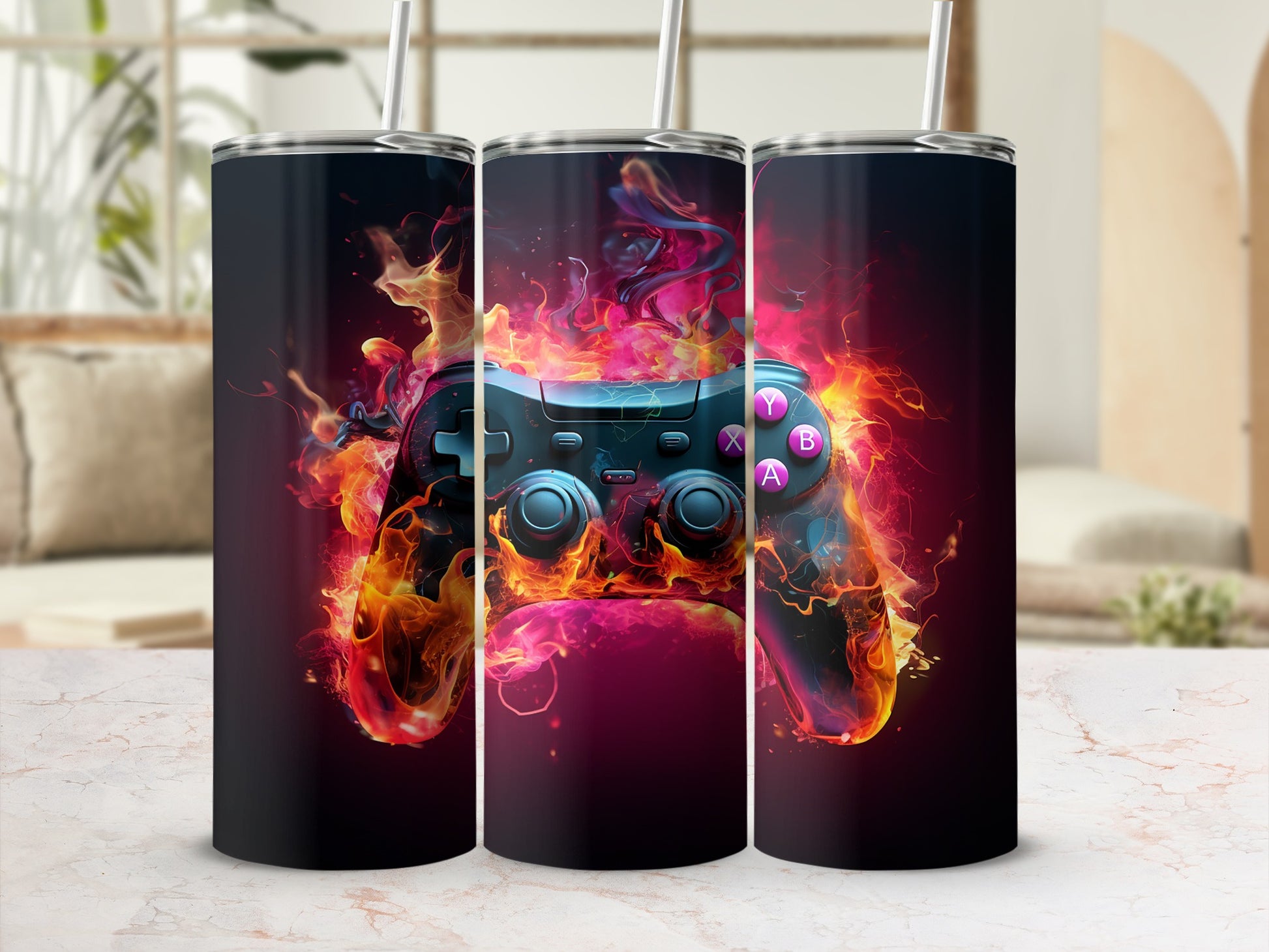 Gaming Controller with Vibrant Flames Tumbler