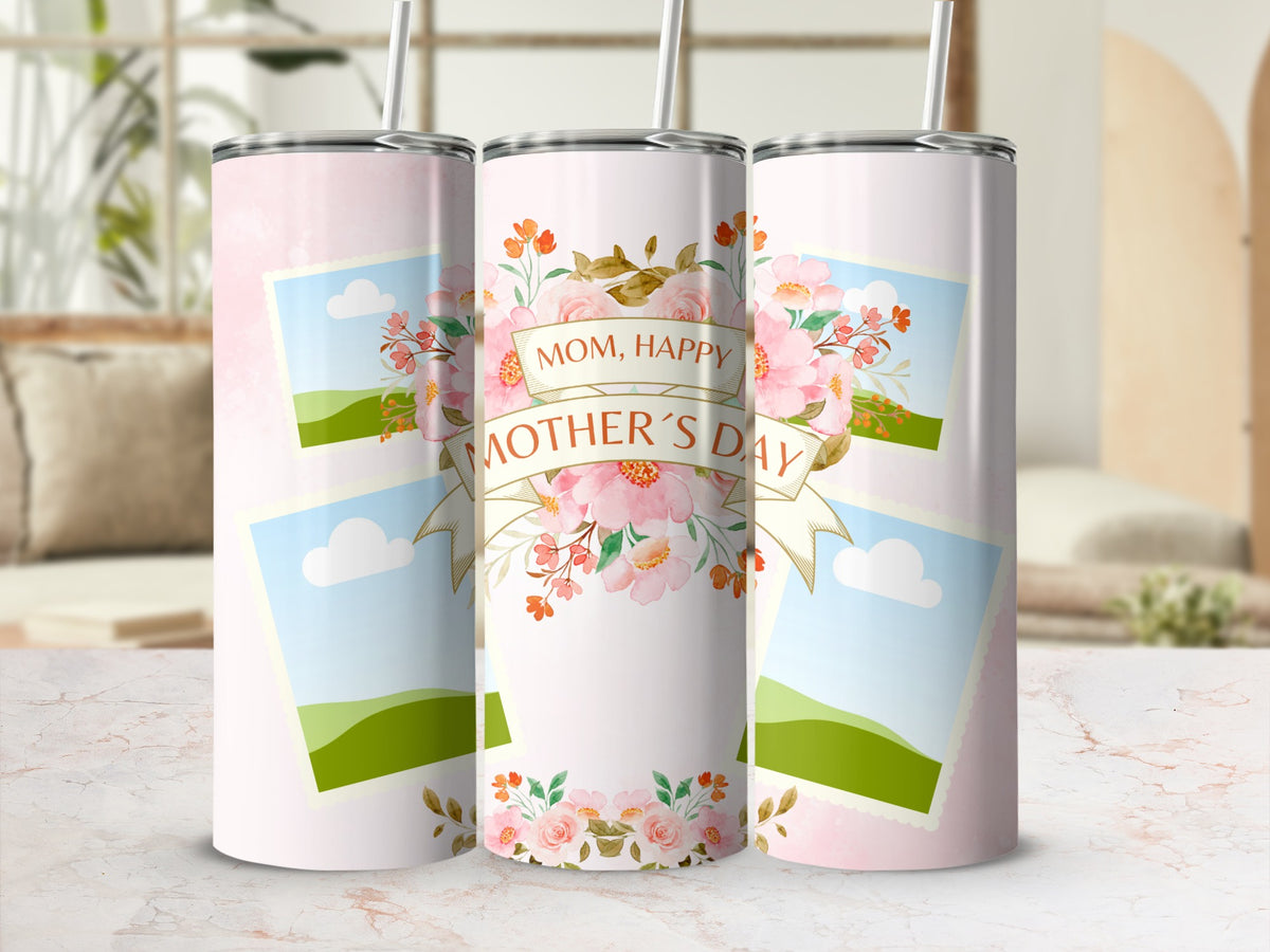 Three tumblers with floral designs and "Mom, Happy Mother's Day" text.