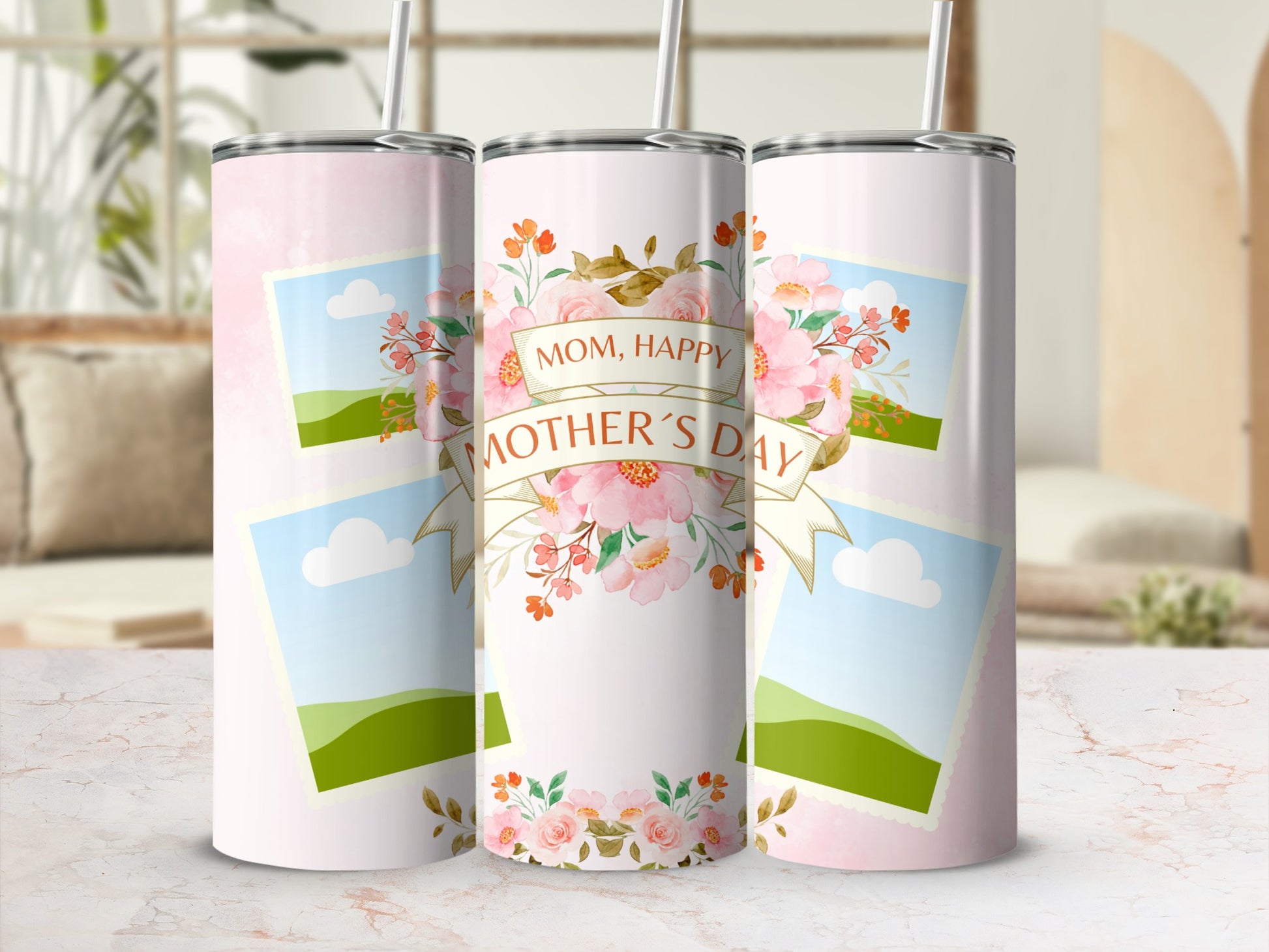 Three tumblers with floral designs and "Mom, Happy Mother's Day" text.