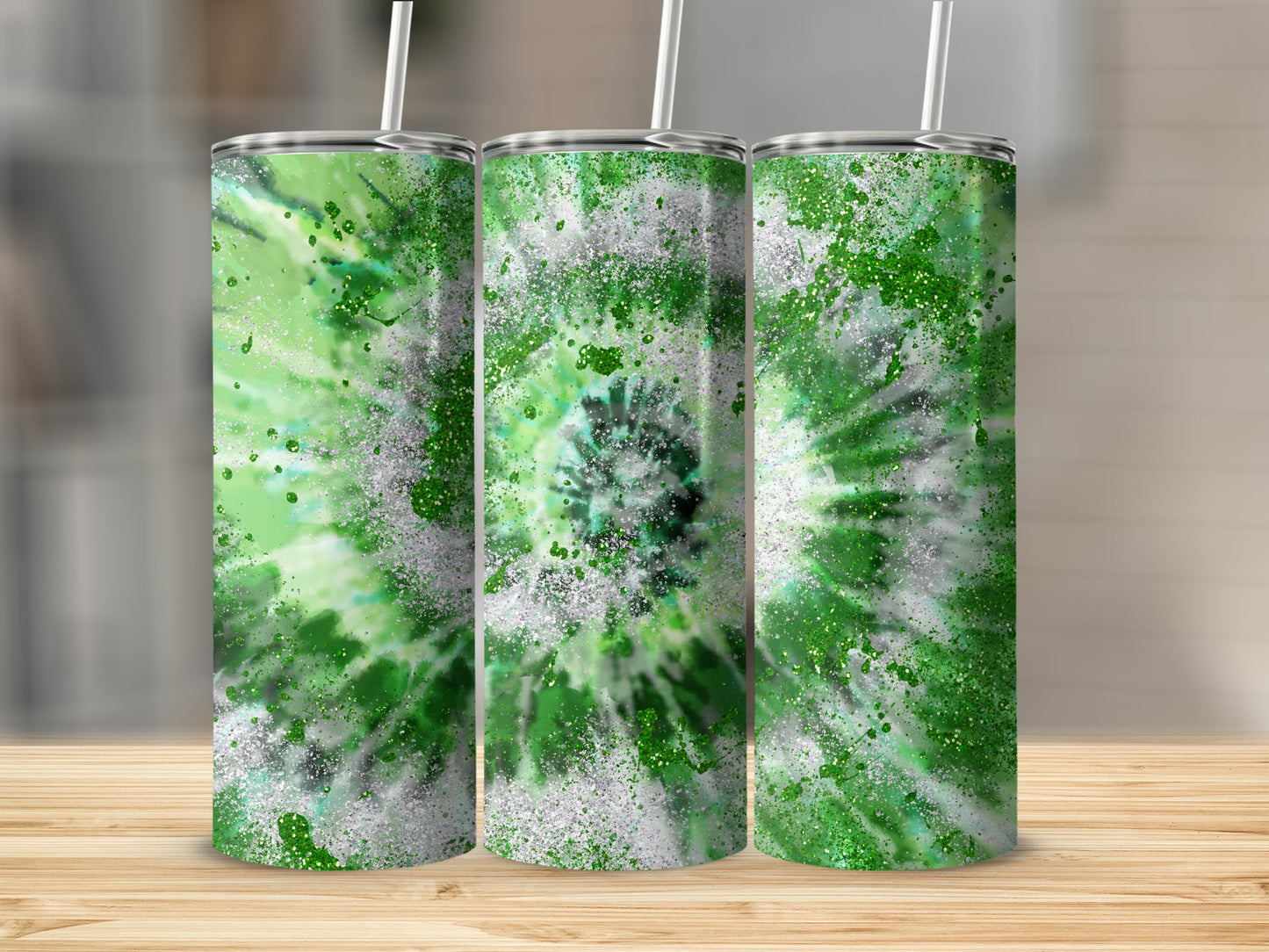 Three tumblers with a green and silver tie-dye splatter design.