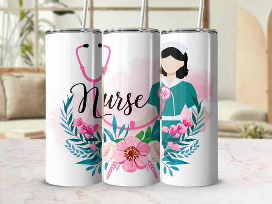 Nurse tumbler with stethoscope, floral accents, and a nurse illustration.