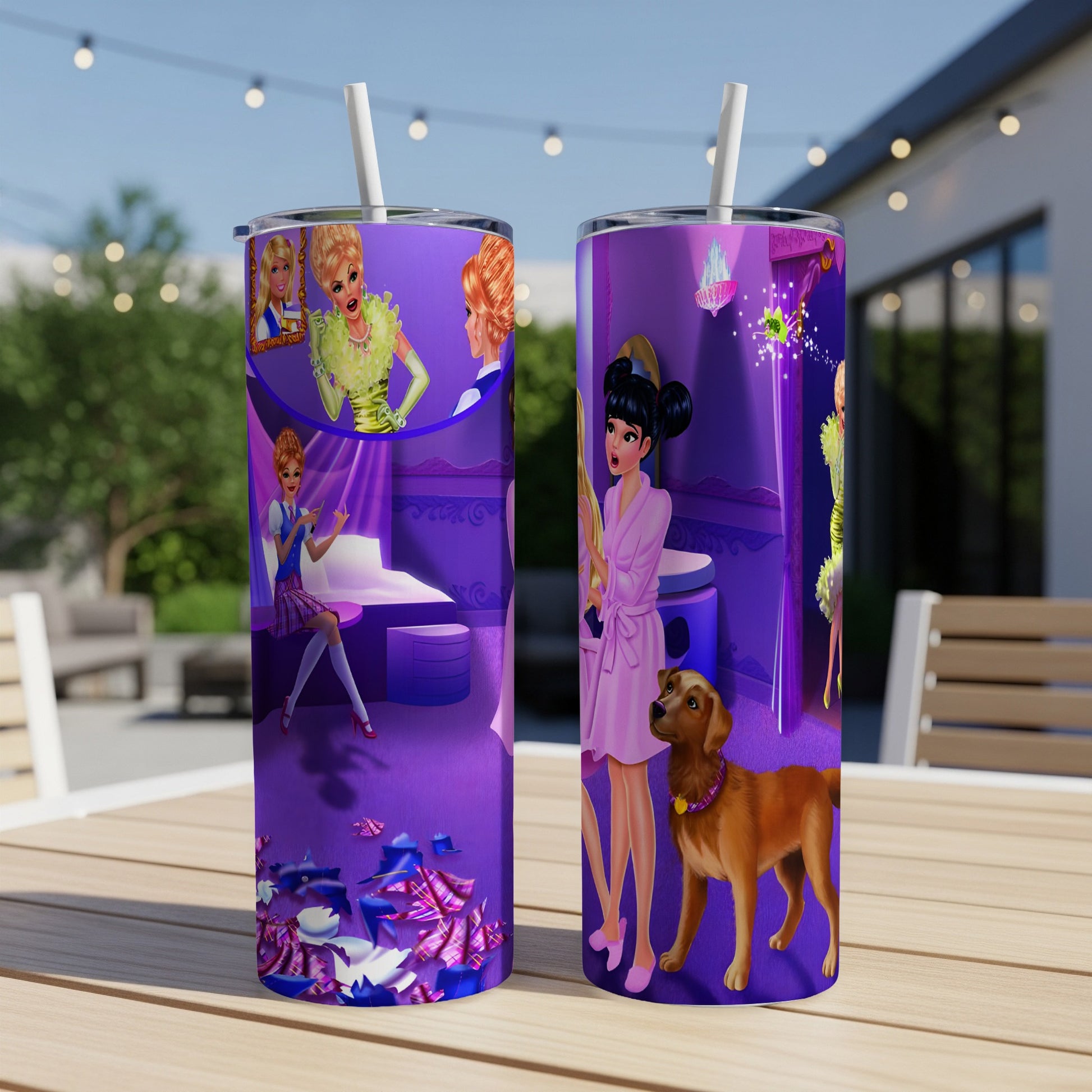 Two purple tumblers with cartoon characters, a dog, and a cluttered bedroom scene.