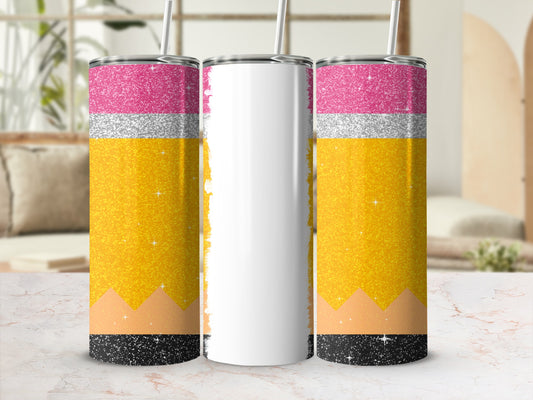 Glittery pencil design tumbler with blank white space for personalization.