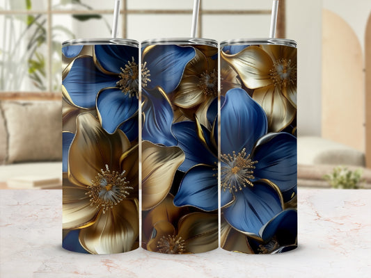 Three tumblers with a blue and gold floral design.