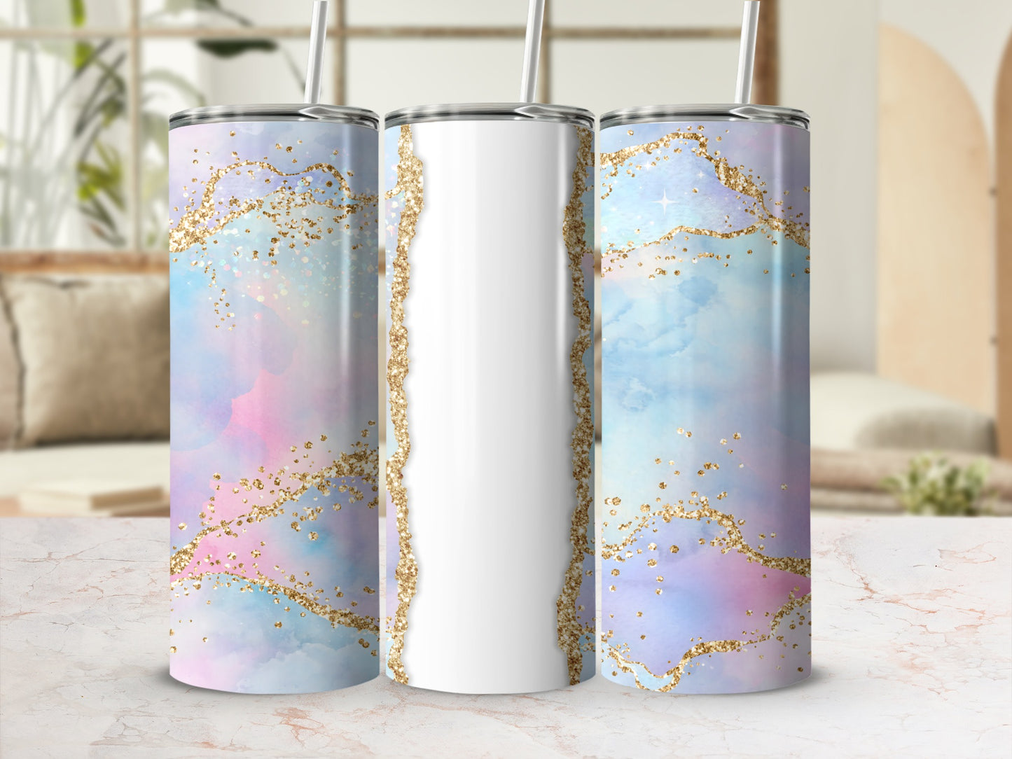 Pink, blue, and purple marbled tumbler with gold glitter accents and a white vertical stripe.
