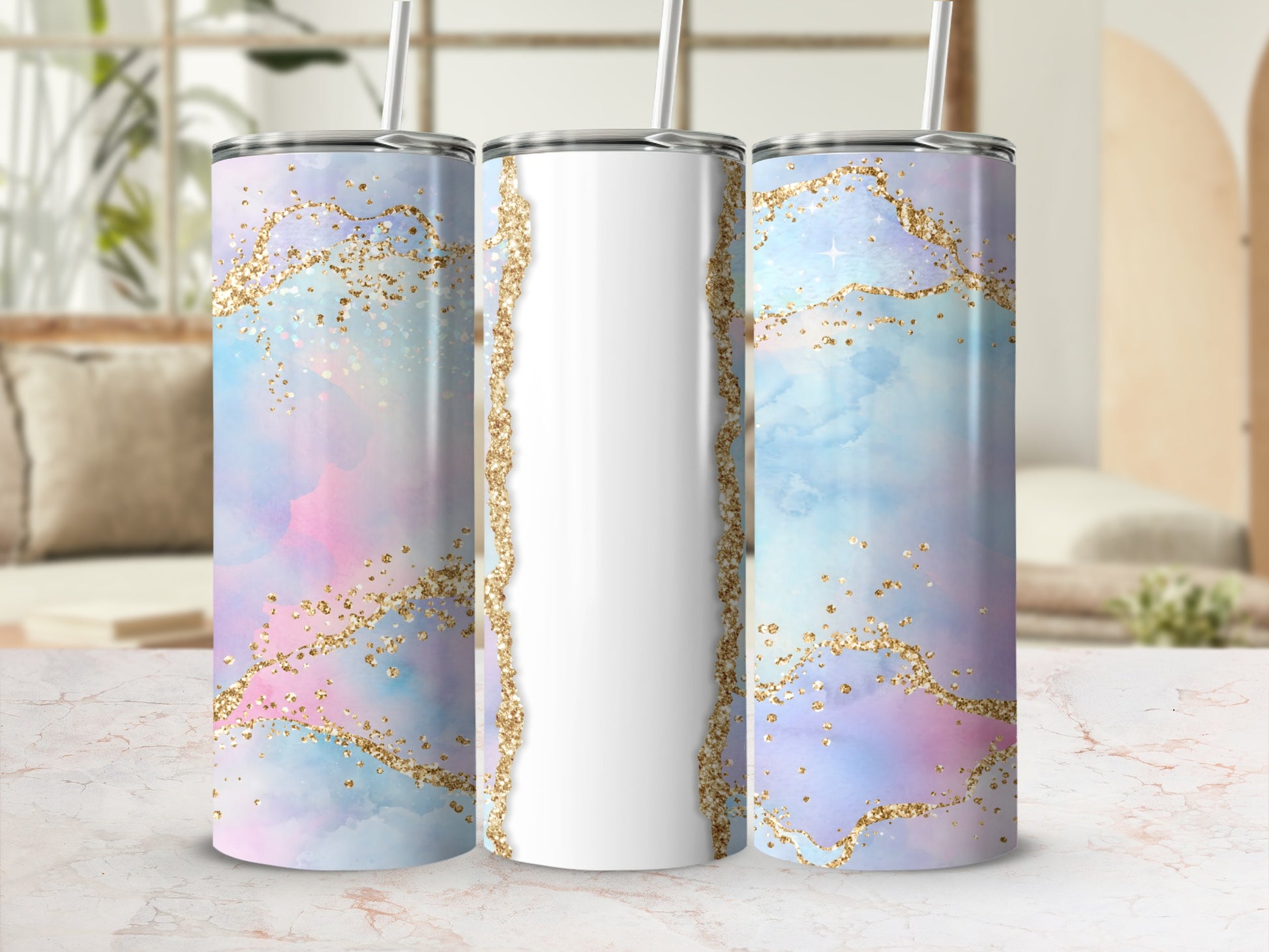 Pink, blue, and purple marbled tumbler with gold glitter accents and a white vertical stripe.