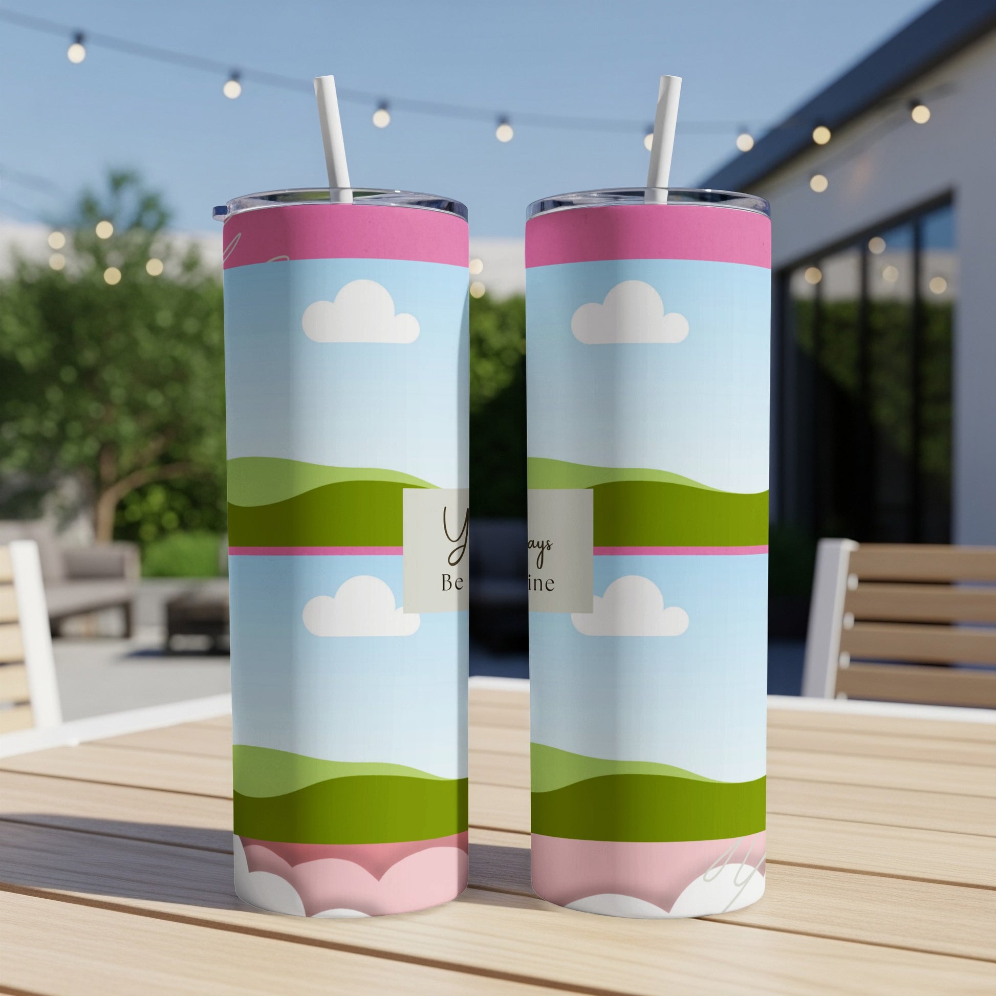Two tumblers with pastel landscape design, white straws, and text "You always Be mine".
