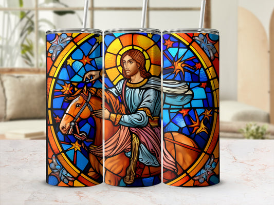 Jesus on horseback with stained glass pattern, against a bright, abstract background.